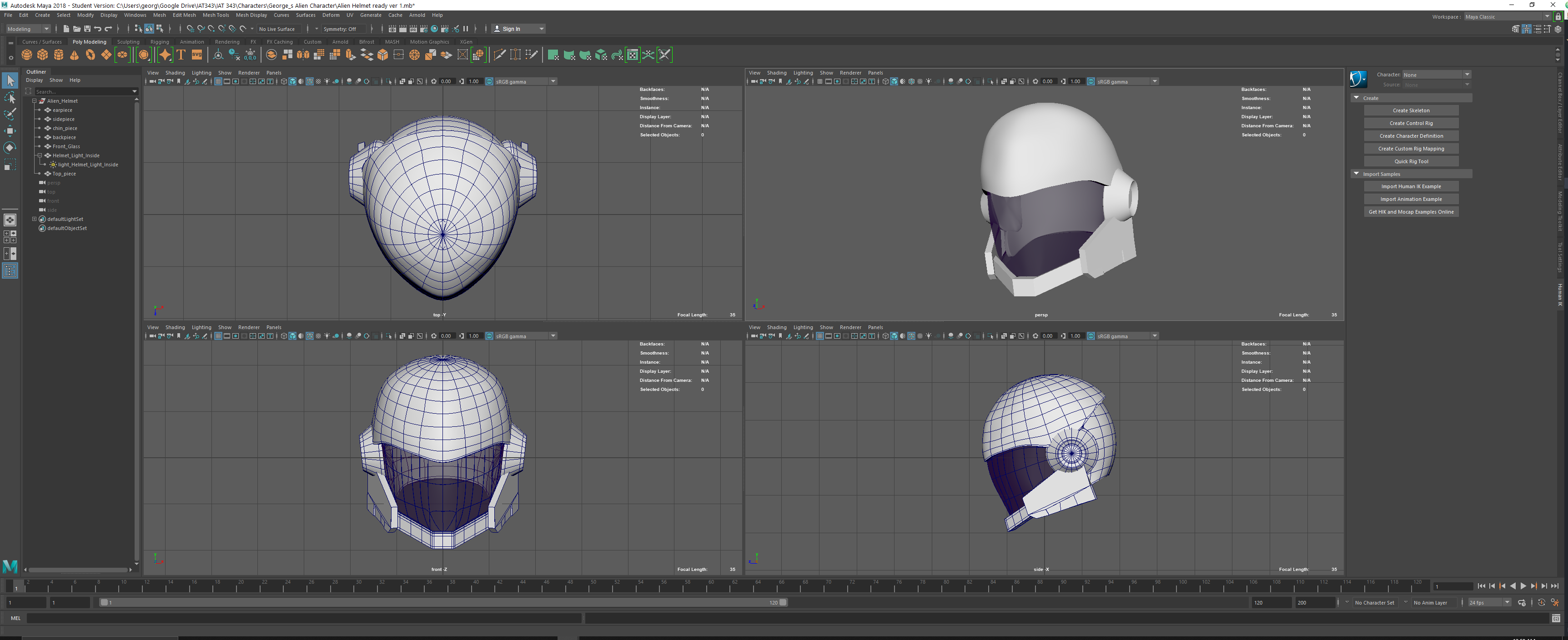 Figure 9: Lin, G. (Summer 2019). Modeling of the space helmet for Bandit “C” in Maya. [Screenshot]