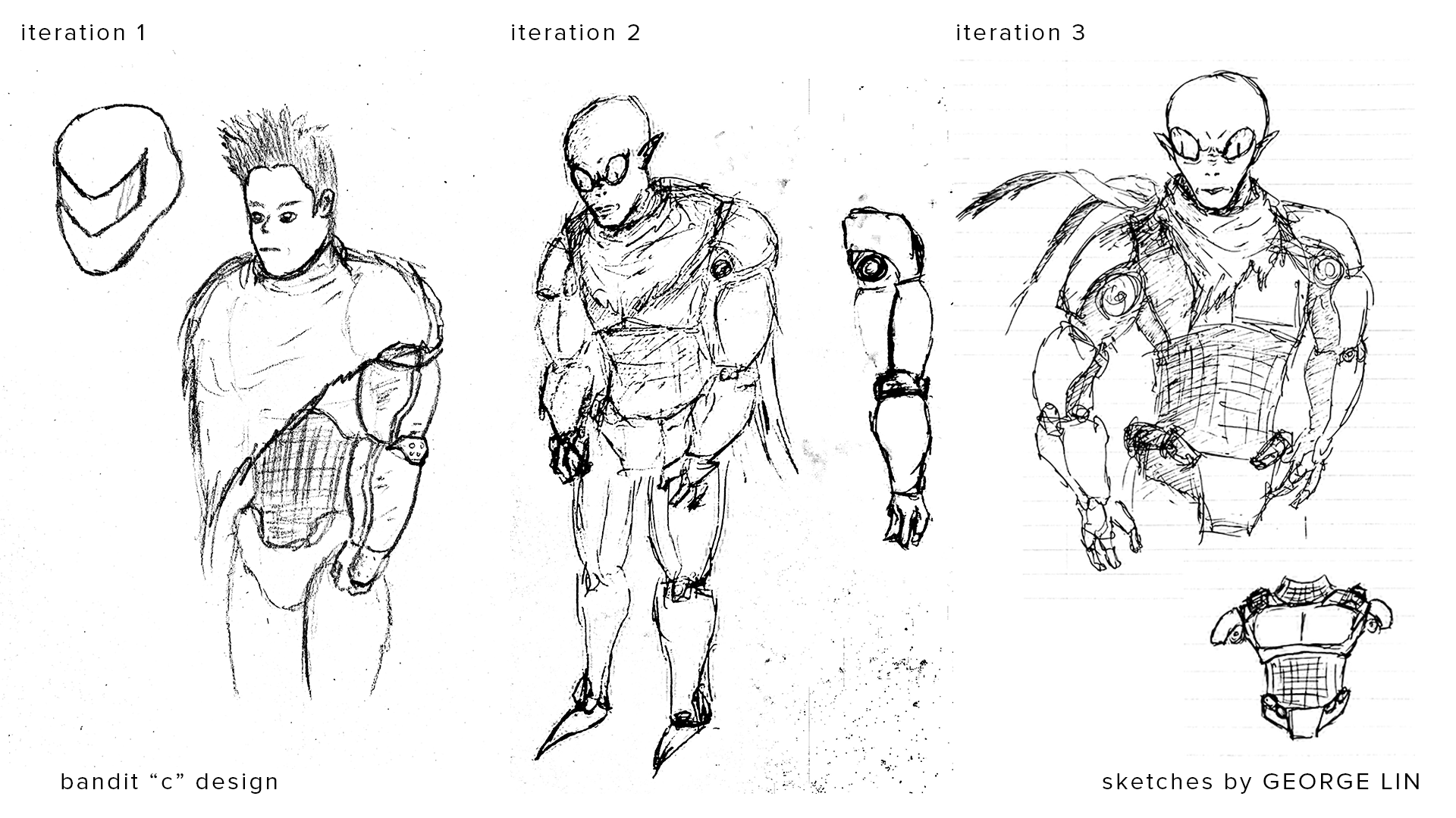 Figure 4: Lin, G. (Summer 2019). Iterations of Bandit “C”’s design. [Sketches]