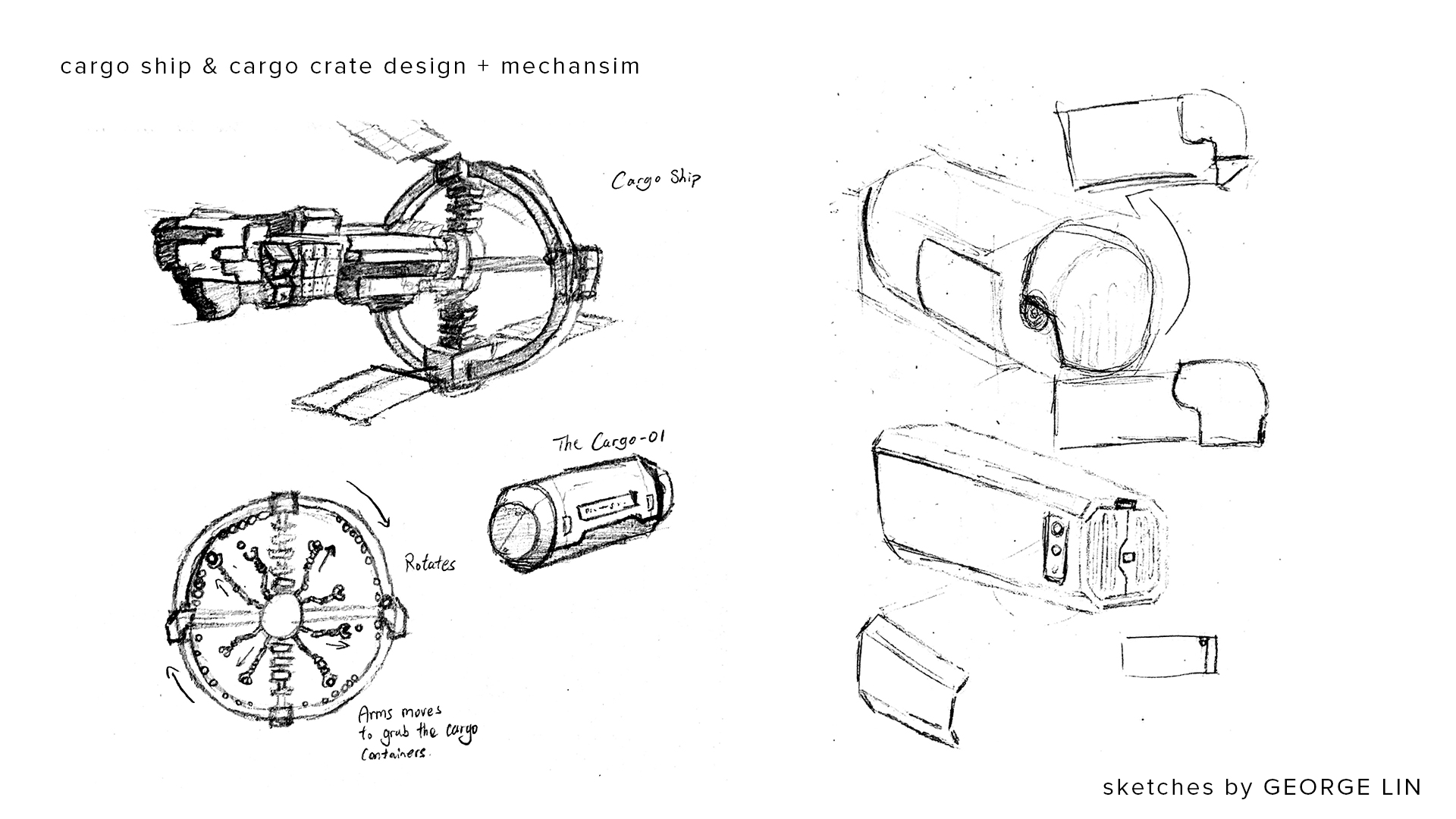 Figure 6: Lin, G. (Summer 2019). Cargo ship and cargo container mechanism design. [Sketches]